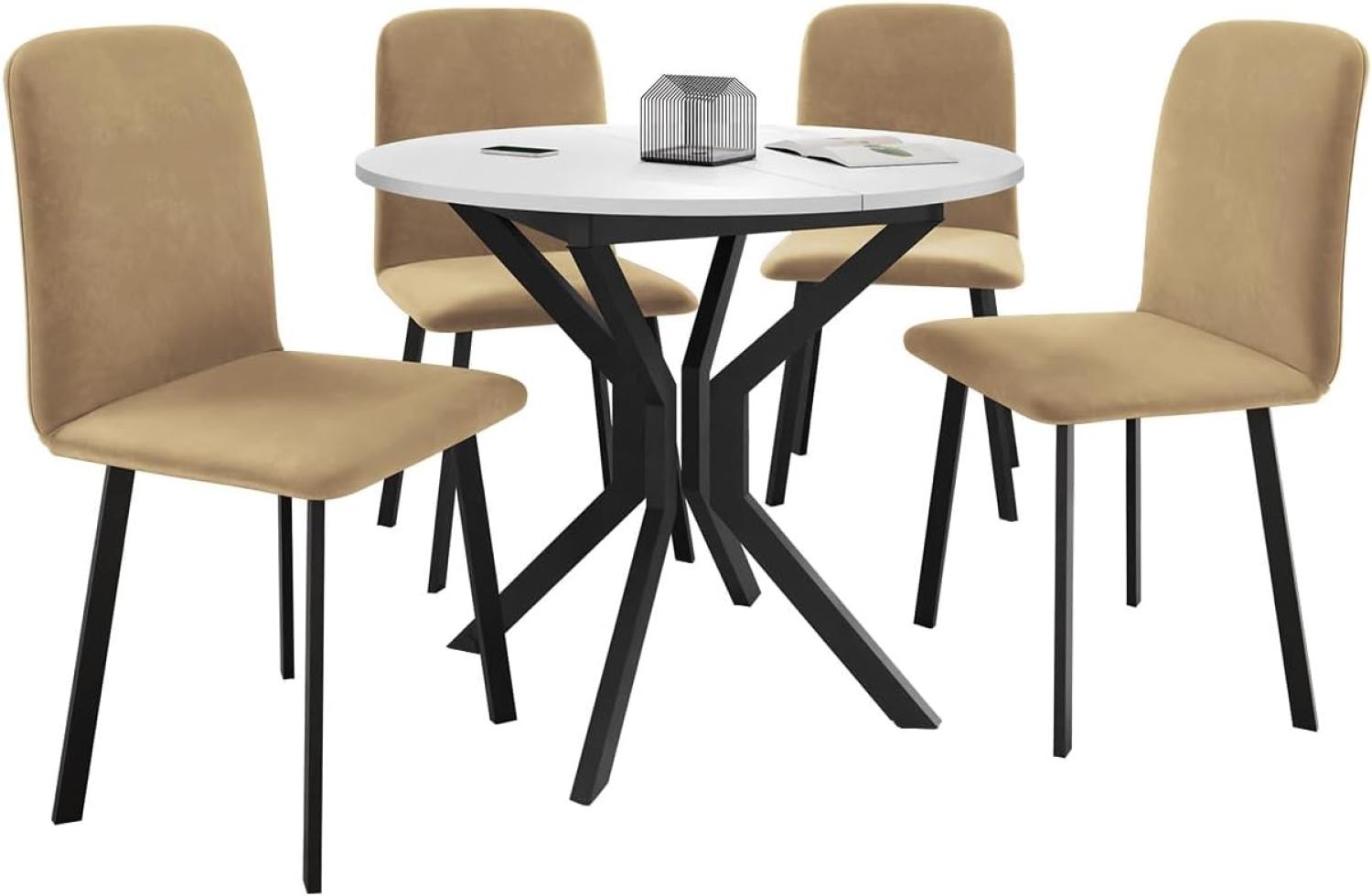 Essgruppe ML03, Runder ausziehbarer Esstisch Dirko M mit 4 Stühlen Lanoi (Farbe: Amor Velvet 4302, Weiß/Schwarz) Bild 1
