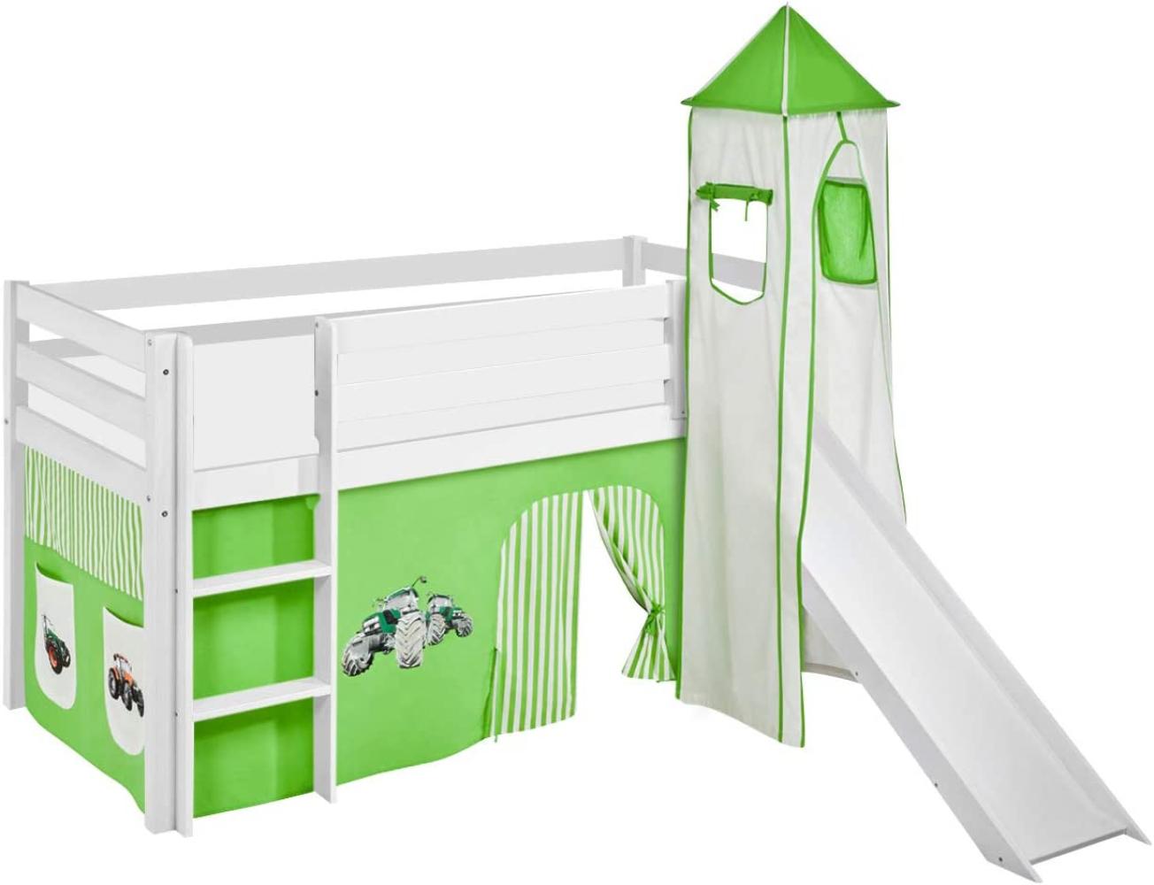 Lilokids 'Jelle' Spielbett 90 x 200 cm, Trecker Grün Beige, Kiefer massiv, mit Turm, Rutsche und Vorhang Bild 1