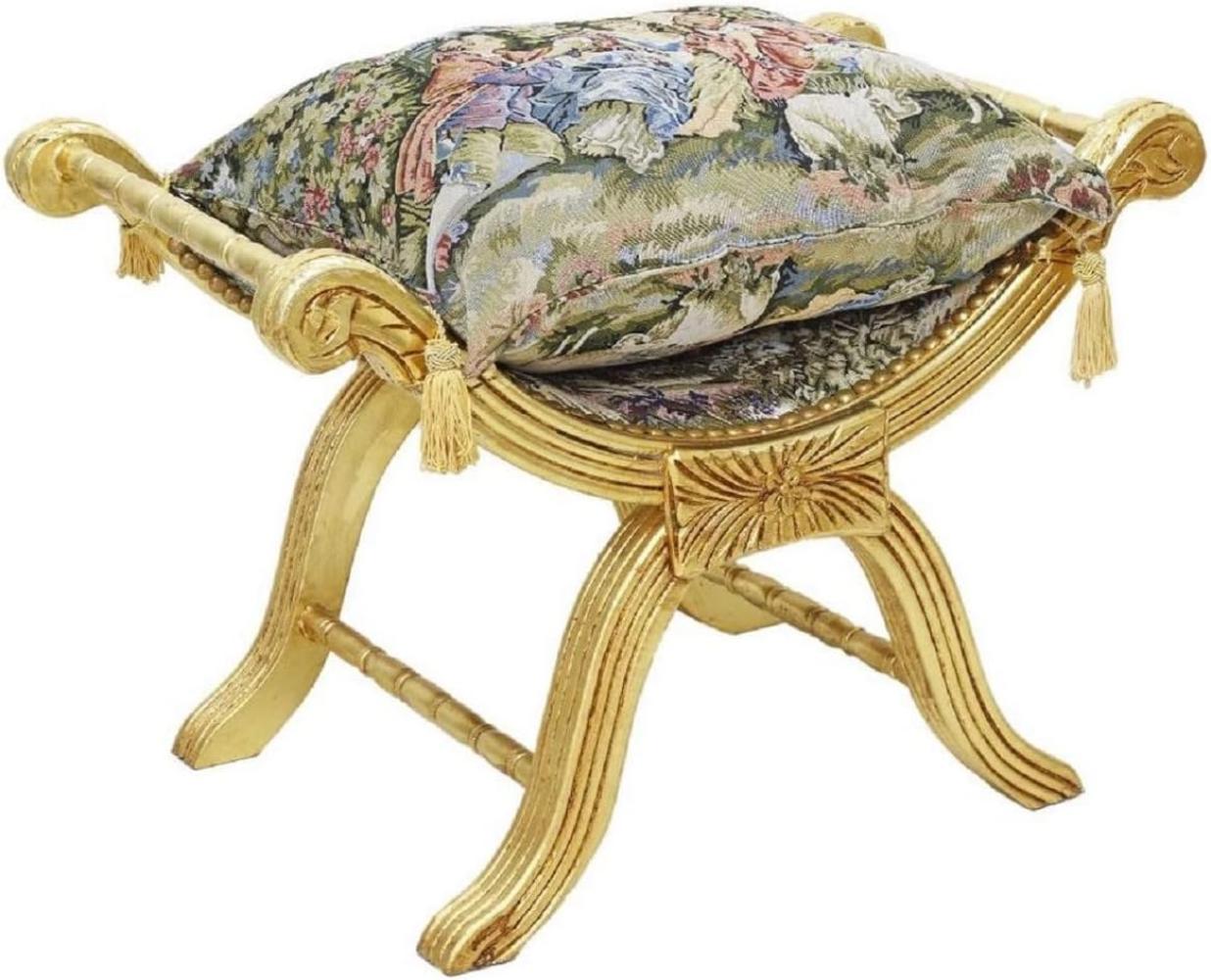 Casa Padrino Barock Kreuzhocker mit Kissen Gold / Mehrfarbig - Handgefertigter Sitzhocker im Barockstil - Antik Stil Hocker - Barock Möbel - Wohnzimmer Möbel im Barockstil - Antik Stil Möbel Bild 1
