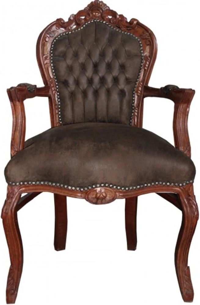 Casa Padrino Barock Esszimmer Stuhl mit Armlehnen Braun / Braun Lederoptik - Möbel Bild 1