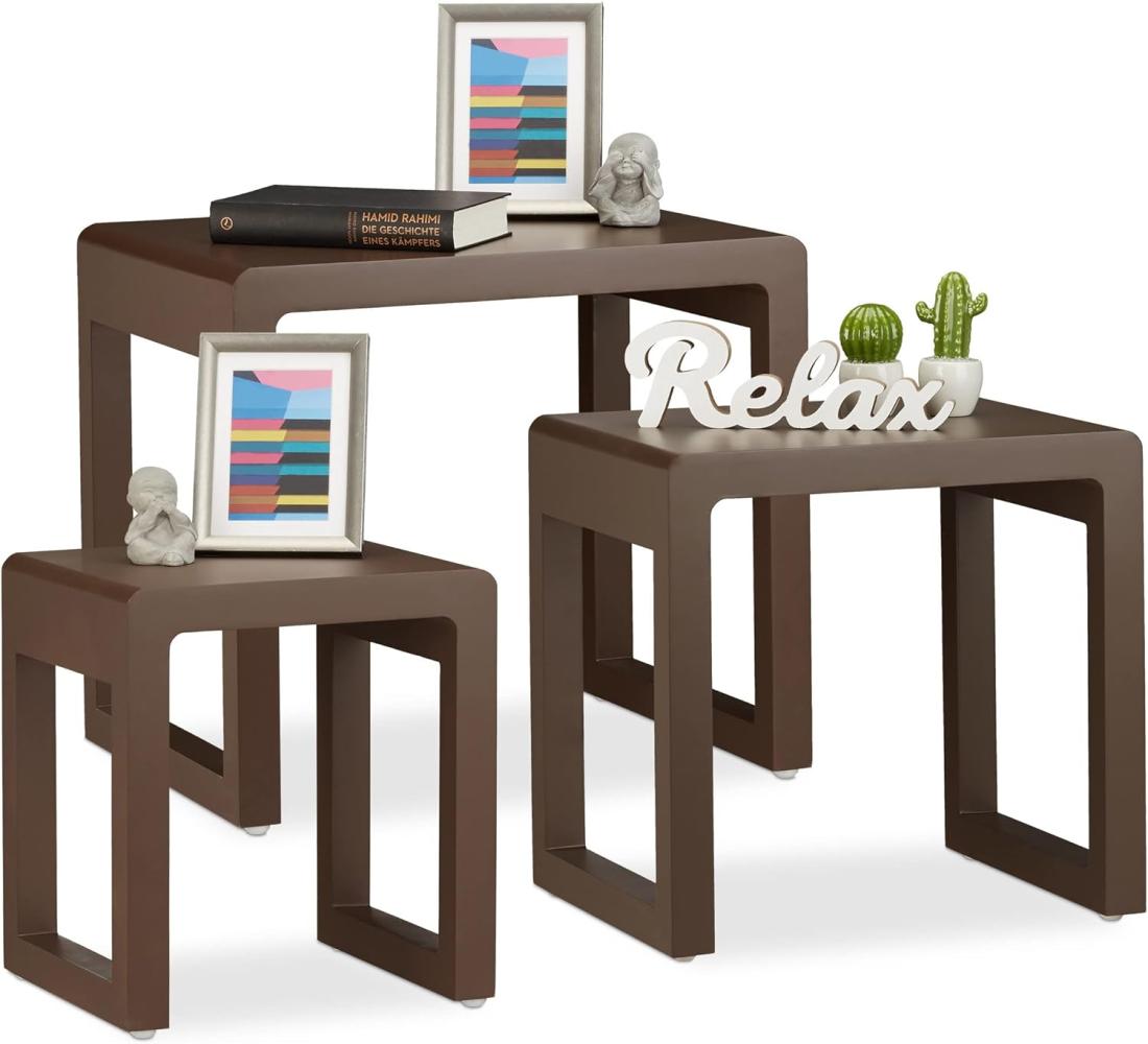 Relaxdays Satztisch 3er Set, Beistelltische ineinander stapelbar, matt lackierter Holztisch in elegantem Design, braun Bild 1