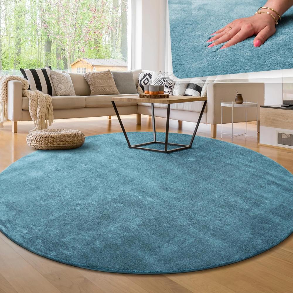 Paco Home Waschbarer Teppich Wohnzimmer Schlafzimmer Kurzflor rutschfest Flauschig Weich Moderne Einfarbige Muster, Grösse:160 cm Rund, Farbe:Türkis Bild 1