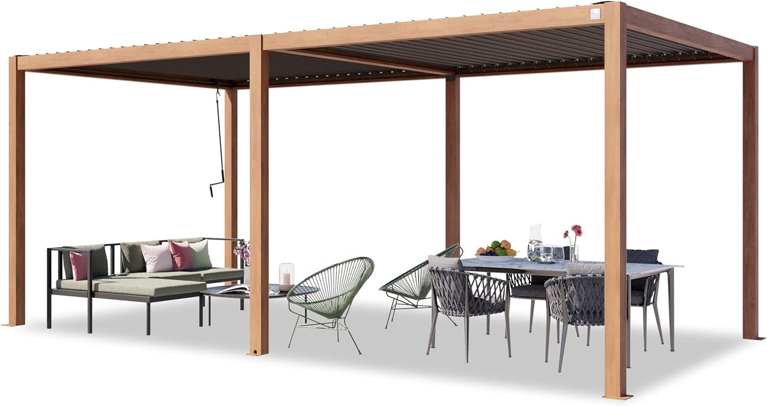 PRIMEYARD Pergola 3x6 m Aluminium-Pfosten in Holzoptik mit Lamellendach aus Stahl Terrassenüberdachung Bild 1