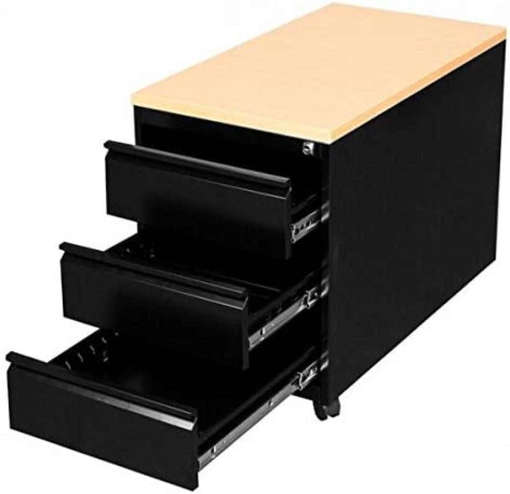 Profi Stahl Büro Rollcontainer Bürocontainer Holz-Abdeckplatte 3 Schubladen Maße: 62x46x79cm RAL 9005 Schwarz/Buche-Dekor 505801 Bild 1