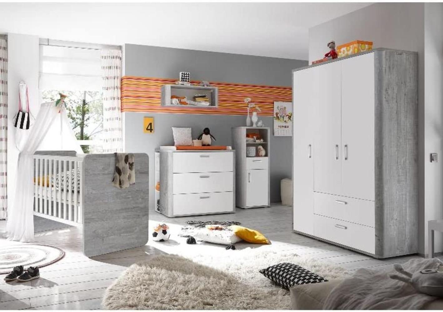 Storado 'Frieda' 5-tlg. Babyzimmer-Set, vintage wood grey/weiß matt, aus Bett 70x140 cm, Kleiderschrank, Wickelkommode, Wandregal und Beistellschrank Bild 1