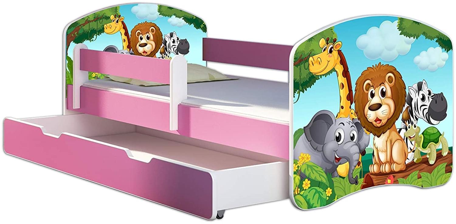 Kinderbett Jugendbett mit einer Schublade und Matratze Rausfallschutz Rosa 70 x 140 80 x 160 80 x 180 ACMA II (02 Animals, 80 x 160 cm mit Bettkasten) Bild 1