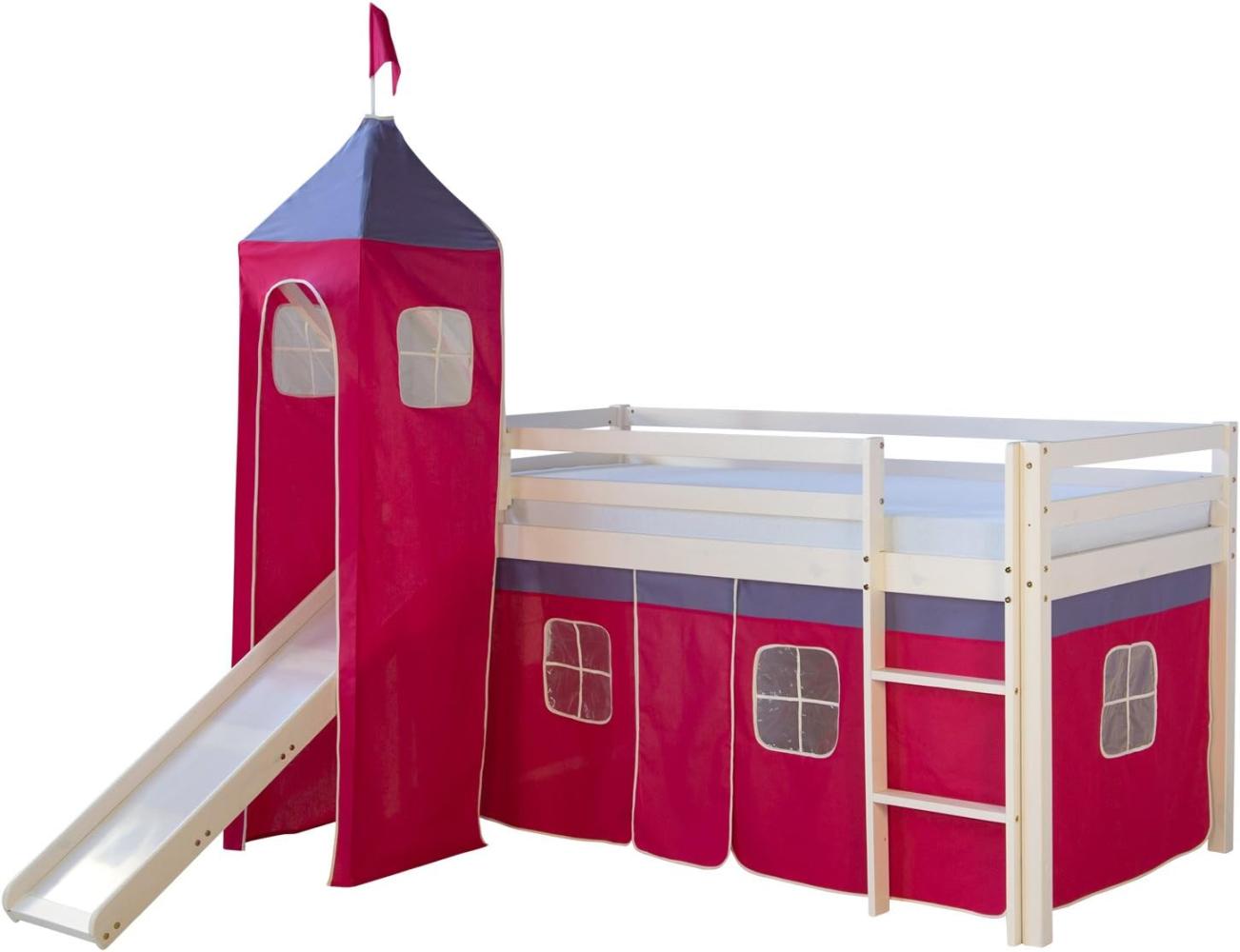 Homestyle4u Spielbett mit Turm und Rutsche, Pink, Kiefernholz pink / weiß, 90 x 200 cm Bild 1