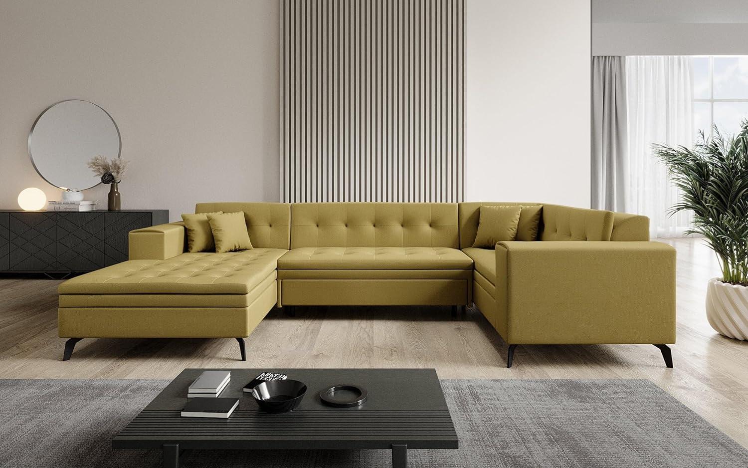 Designer Sofa Neola mit Schlaffunktion Stoff Senf Links Bild 1