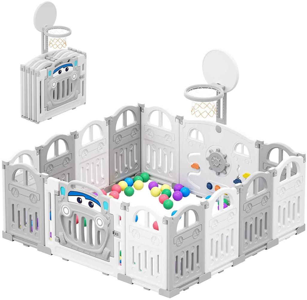 UBRAVOO Faltbarer Baby-Laufstall mit Mini-Basketballkorb und 50 farbigen Pit-Bällen, Auto-Laufstall für Babys und Kleinkinder, großes und lustiges Indoor-Aktivitätszentrum, EDP001 (14-Panel) Bild 1