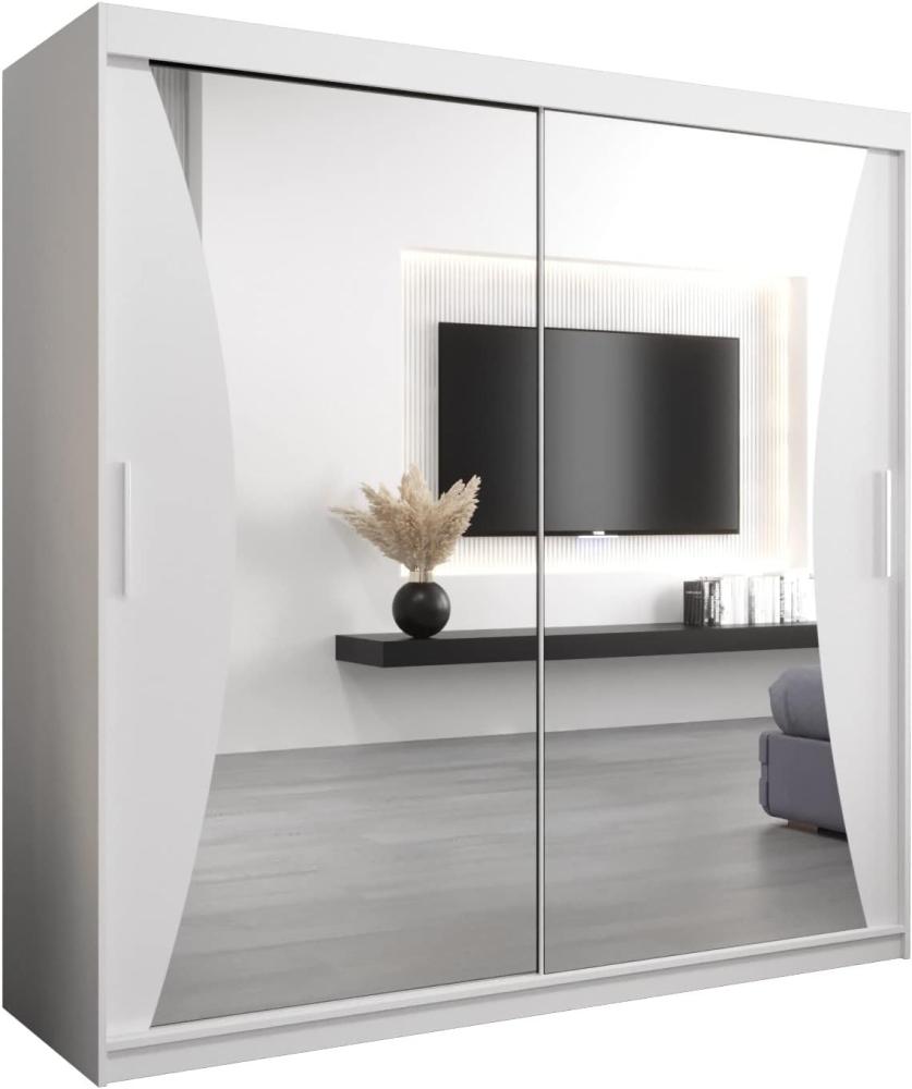 Kryspol Schwebetürenschrank Monaco 200 cm mit Spiegel Kleiderschrank mit Kleiderstange und Einlegeboden Schlafzimmer- Wohnzimmerschrank Schiebetüren Modern Design (Weiß) Bild 1