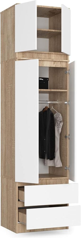 BDW Kleiderschrank mit Aufsatz, 4-türiger Kleiderschrank, 2 Schubladen, Kleiderschrank für das Schlafzimmer, Wohnzimmer, Flur, 234x60x51cm (Eiche Sonoma/Weiß) Bild 1