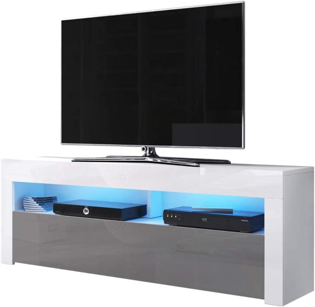 Alan – TV-Lowboard / TV-Bank / Fernsehschrank (160 cm, Weiß Matt / Grau Hochglanz, LED in Blau) Bild 1