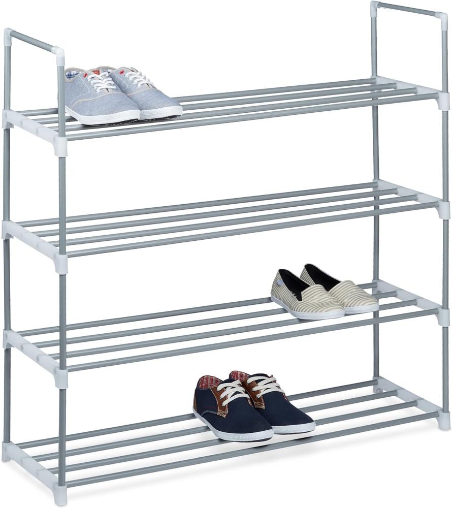 Relaxdays Schuhregal Stecksystem, 4 Ebenen, für 16 Paar Schuhe, HxBxT: 93 x 90 x 31 cm, Schuhständer Metall, silber/weiß Bild 1