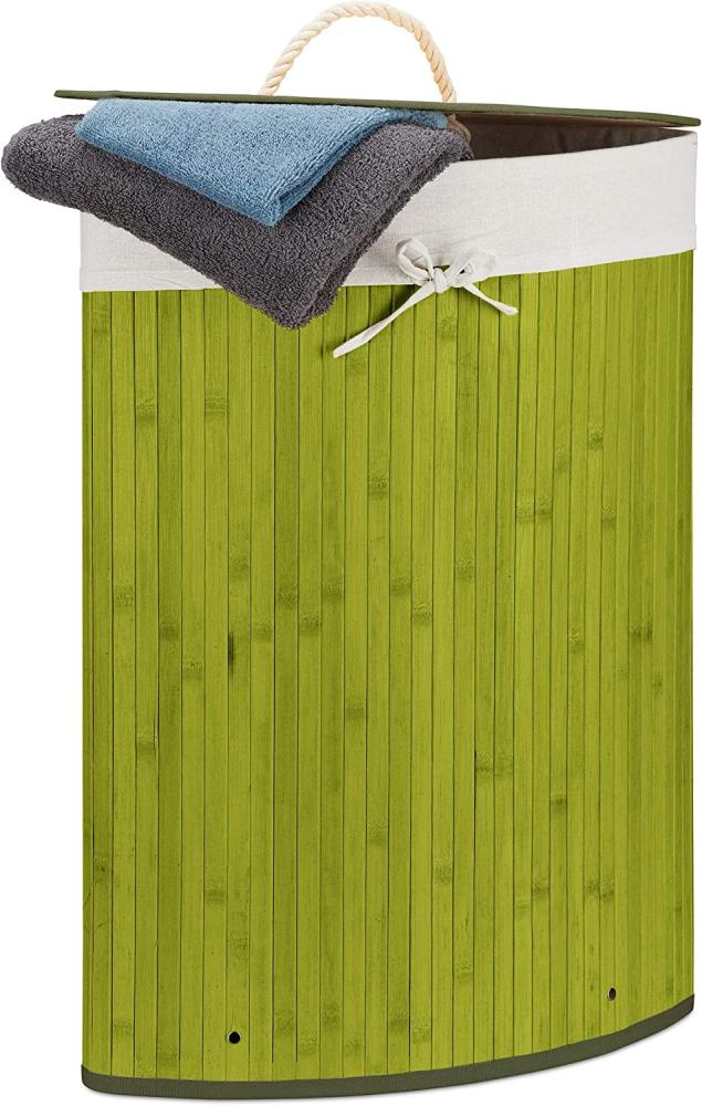 Relaxdays grün Eckwäschekorb, Faltbare Wäschebox 60 l, platzsparend, Wäschesack Baumwolle, HBT 65 x 49,5 x 37 cm Bild 1