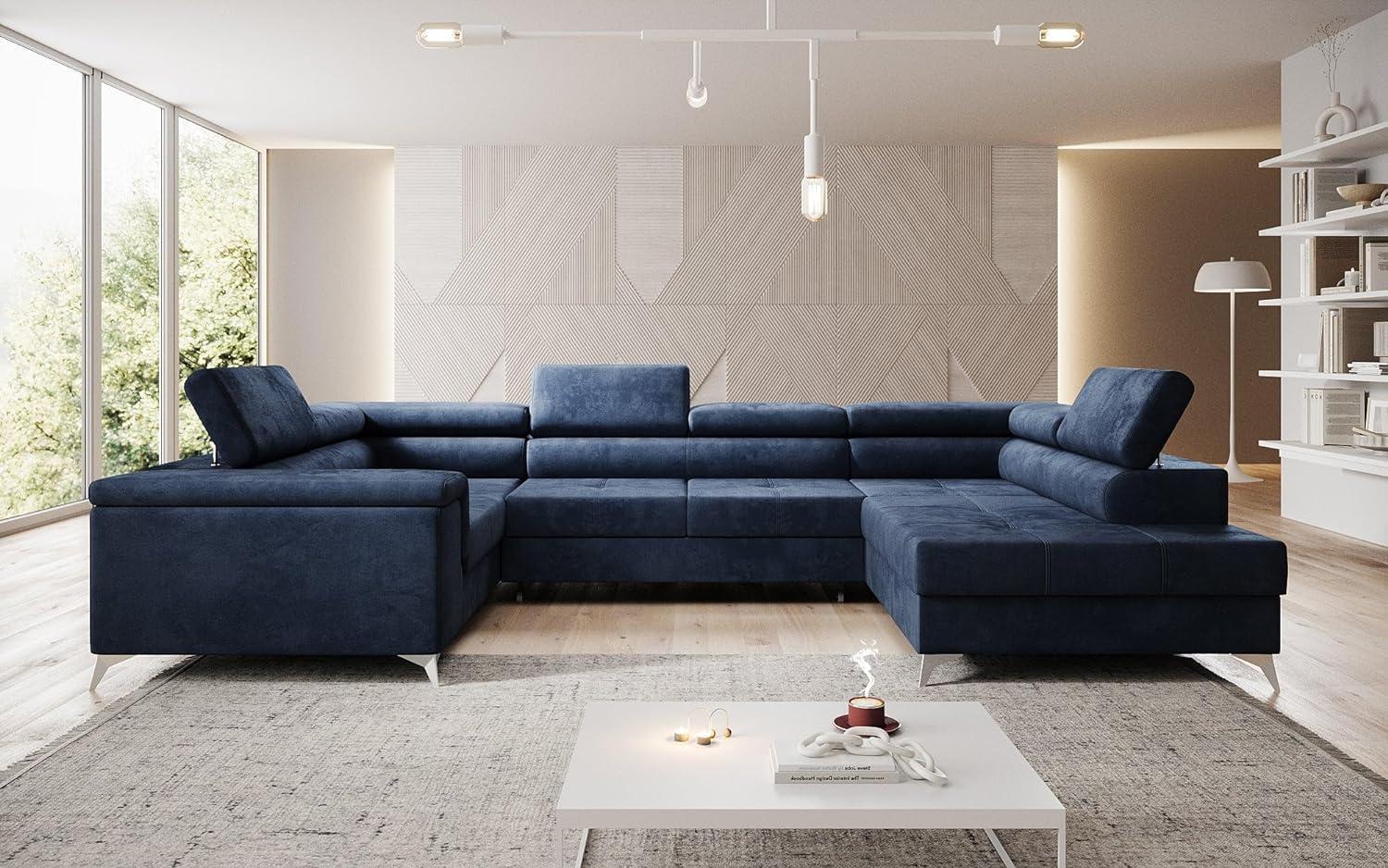 Designer Sofa Torino mit Schlaf- und Klappfunktion Samt Blau Rechts Bild 1