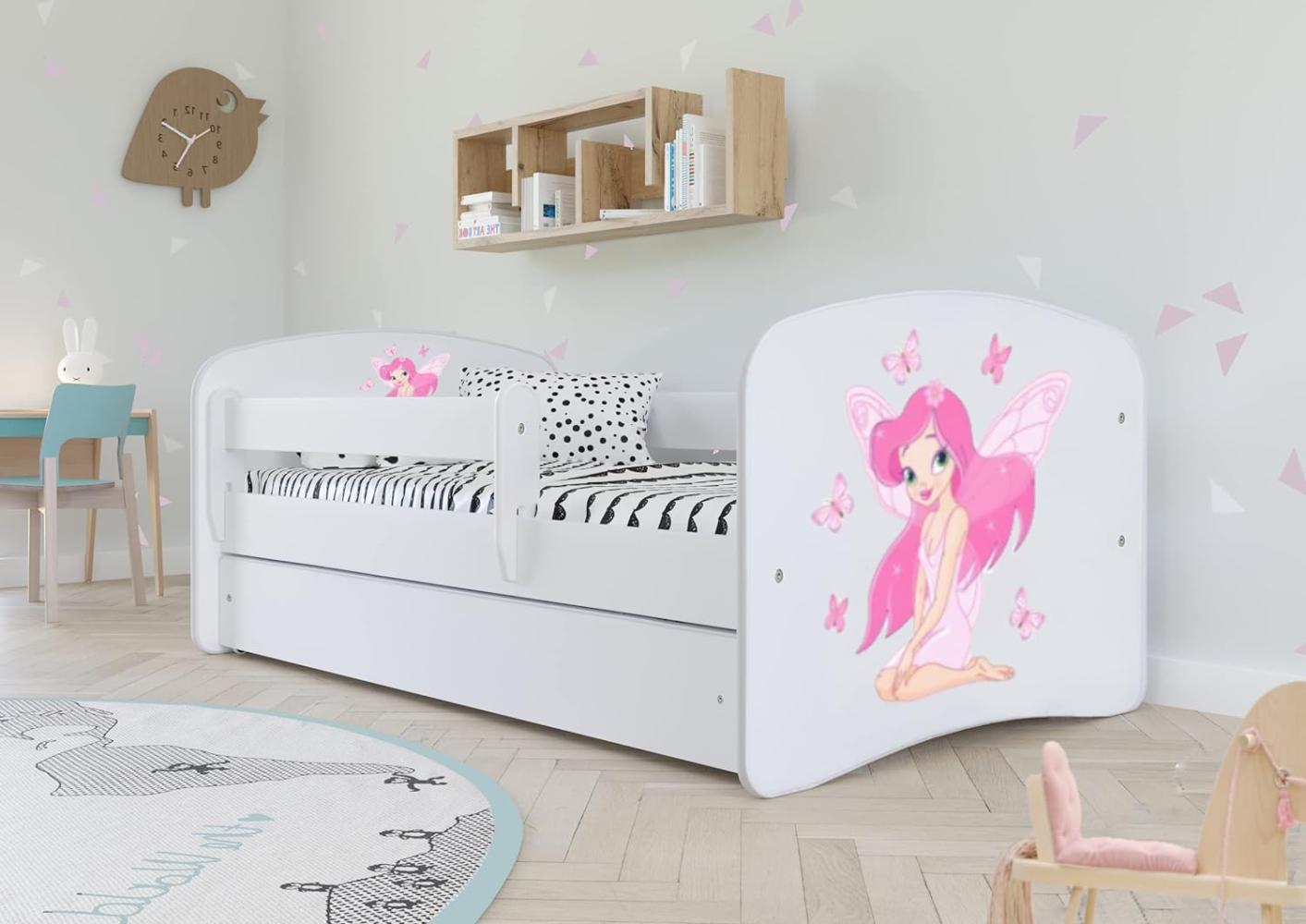 Kinderbett Jugendbett Weiß mit Rausfallschutz Schublade und Lattenrost Kinderbetten für Mädchen und Junge - Fee mit Schmetterlingen 80 x 160 cm Bild 1