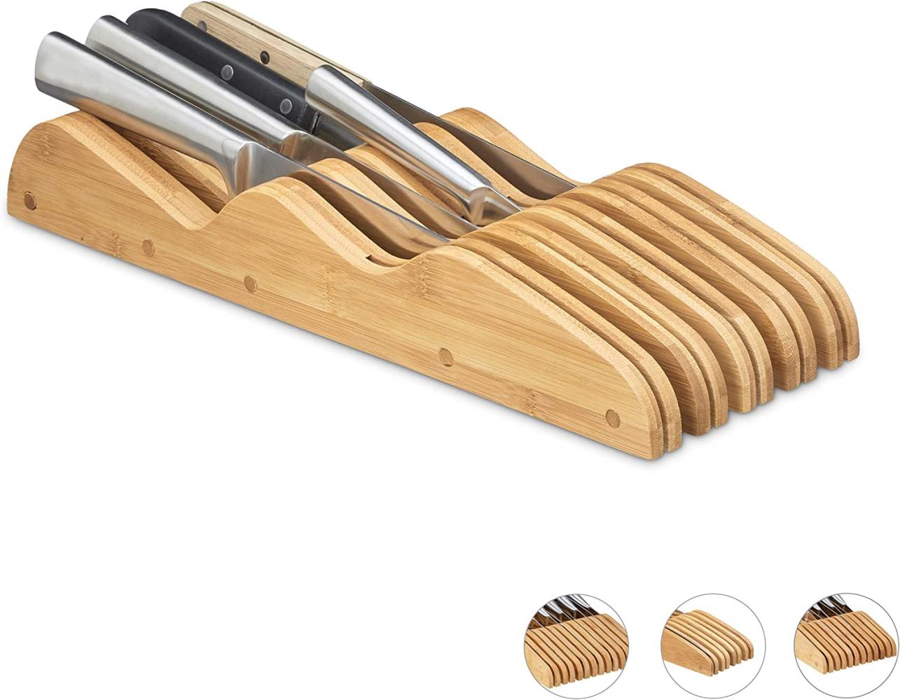Relaxdays Messerblock aus Bambus, 9 Messer, für die Schublade, ohne Messer, HBT: ca. 6 x 14 x 40 cm, natur Bild 1