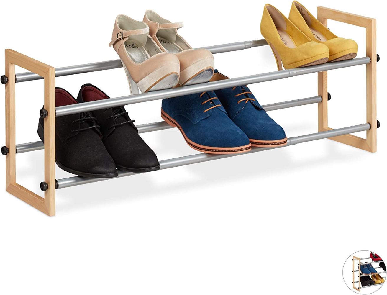 Relaxdays Schuhregal ausziehbar, offener Schuhständer mit 2 Ebenen, Holz & Eisen, erweiterbar bis 118 cm Breite, Natur Bild 1