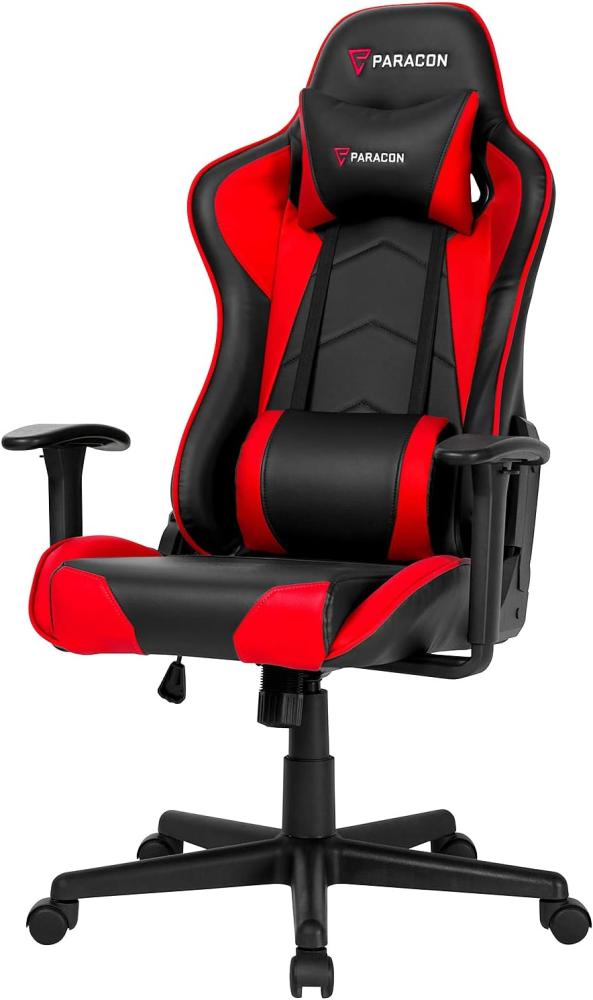 Paracon Brawler | Gaming Stuhl Bürostuhl Chefsessel Schreibtischstuhl Drehstuhl Ergonomisch mit Kippfunktion, Verstellbare Armlehnen, Kopfkissen, Nackenstützkissen, Rückenkissen | Rot Bild 1