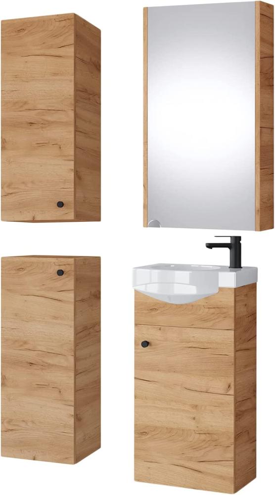 Planetmöbel Badset komplett aus Unterschrank 40cm mit Waschbecken, Spiegelschrank und 2X Midischrank in Gold Eiche, Komplettset für Badezimmer 5-teilig Bild 1