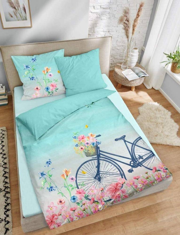 Dormisette Mako Satin Wendebettwäsche 2 teilig Bettbezug 135 x 200 cm Kopfkissenbezug 80 x 80 cm 2440_Fb40 Fahrrad Blumen blau weiß Bild 1