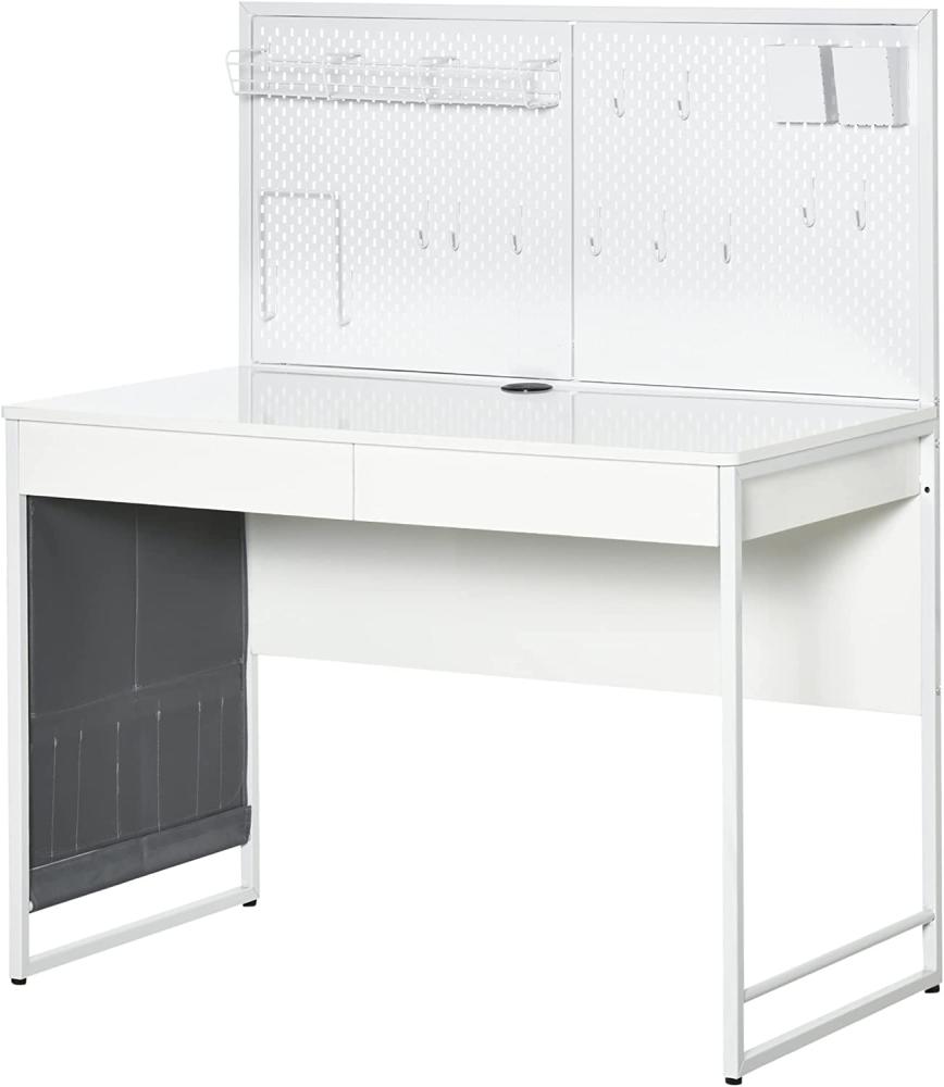 HOMCOM Computertisch Schreibtisch mit 2 Schubladen Notizgitter Stofftasche mit Gitterwand Haken Arbeitstisch Bürotisch Laptop Stahl Spanplatte Weiß+Grau 110 x 58,5 x 127 cm Bild 1