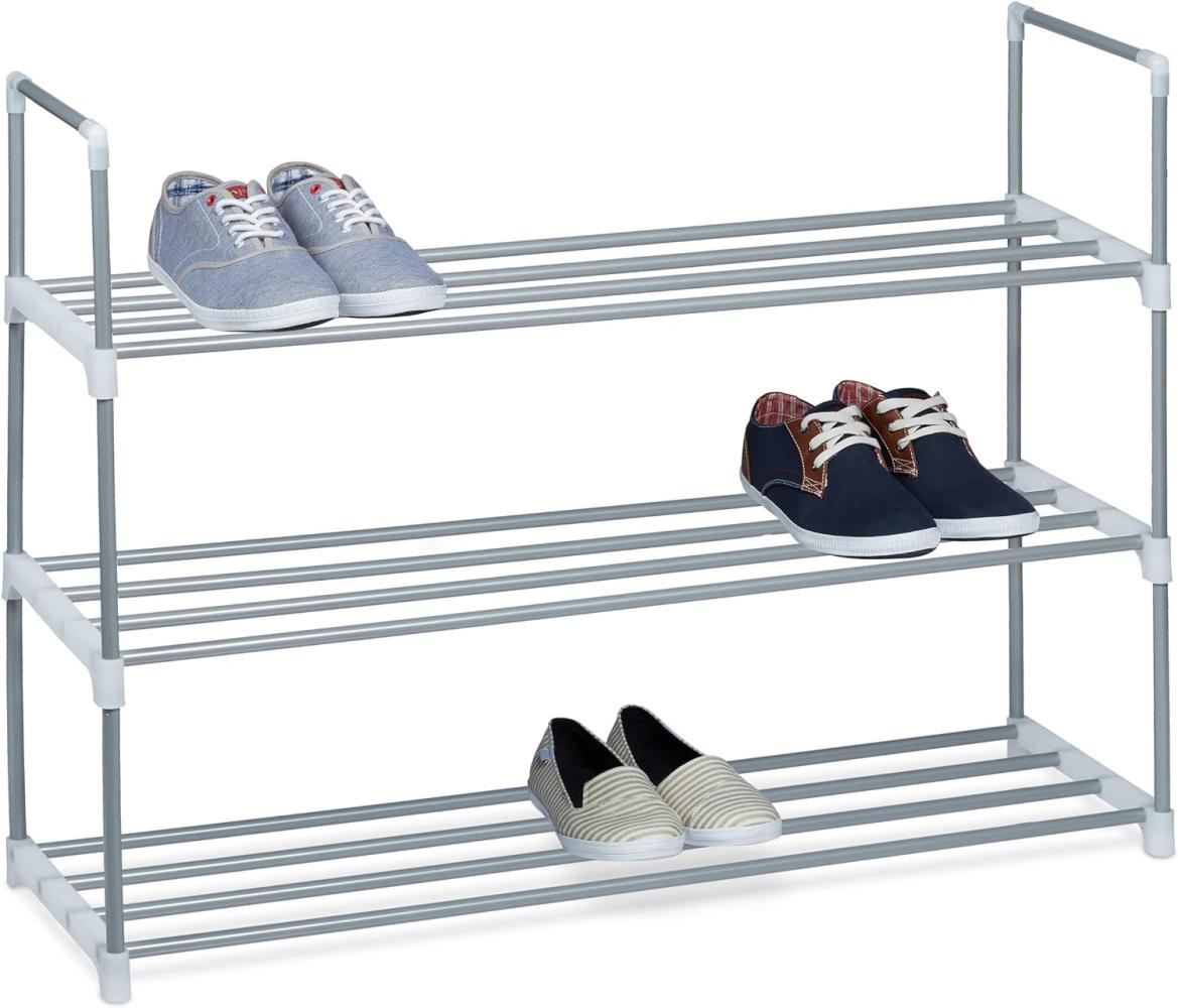 Relaxdays Schuhregal Stecksystem, 3 Ebenen, für 12 Paar Schuhe, HxBxT: 70 x 90 x 31 cm, Schuhständer Metall, silber/weiß Bild 1