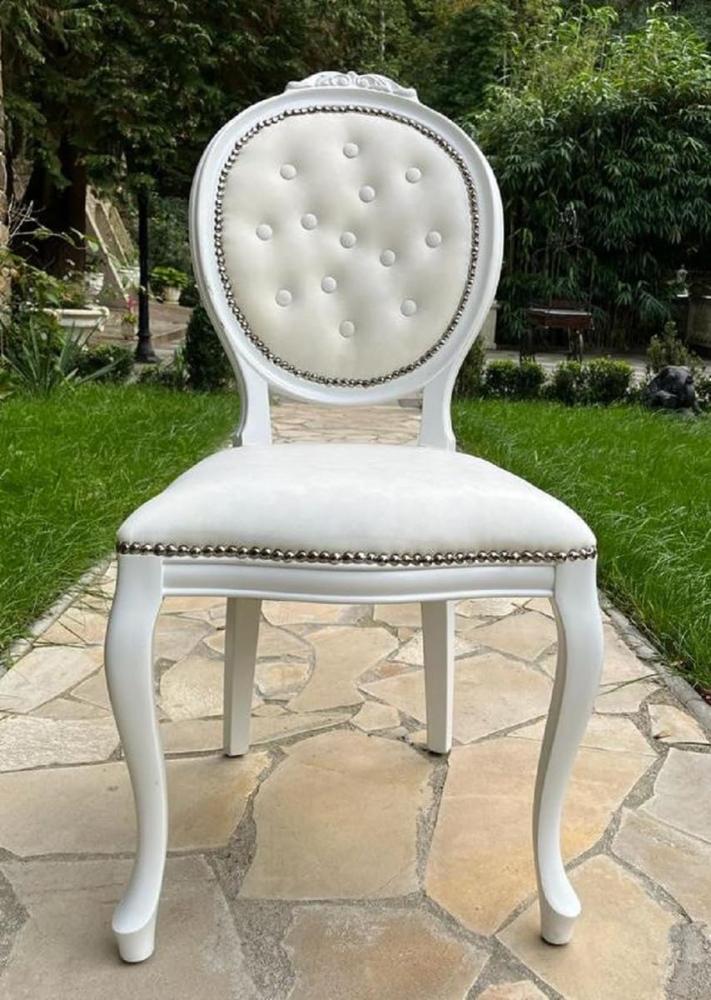 Casa Padrino Luxus Barock Esszimmer Stuhl Creme / Weiß - Handgefertigter Barockstil Stuhl mit edlem Kunstleder - Esszimmer Möbel im Barockstil - Barock Möbel - Barock Einrichtung Bild 1