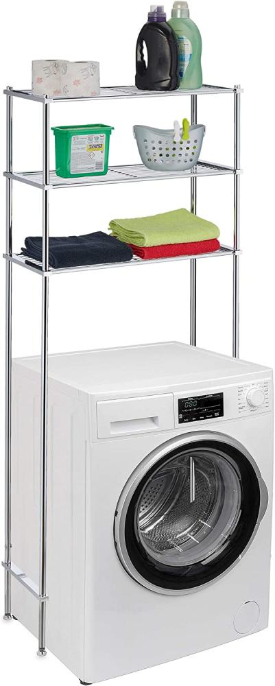 Relaxdays Waschmaschinenregal Metall, 3 Ablagen, Regal Waschmaschine, Trockner, WC, Badregal HBT 162,5x67x30 cm, Silber Bild 1