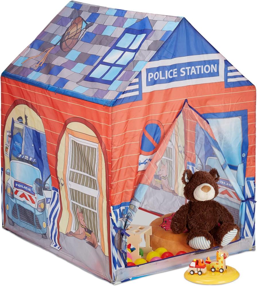 Relaxdays Spielzelt Polizei Station, f. Kinderzimmer, Outdoor, ab 3 J., Stoff, Kinderzelt HBT 102 x 72 x 95 cm, blau-rot Bild 1