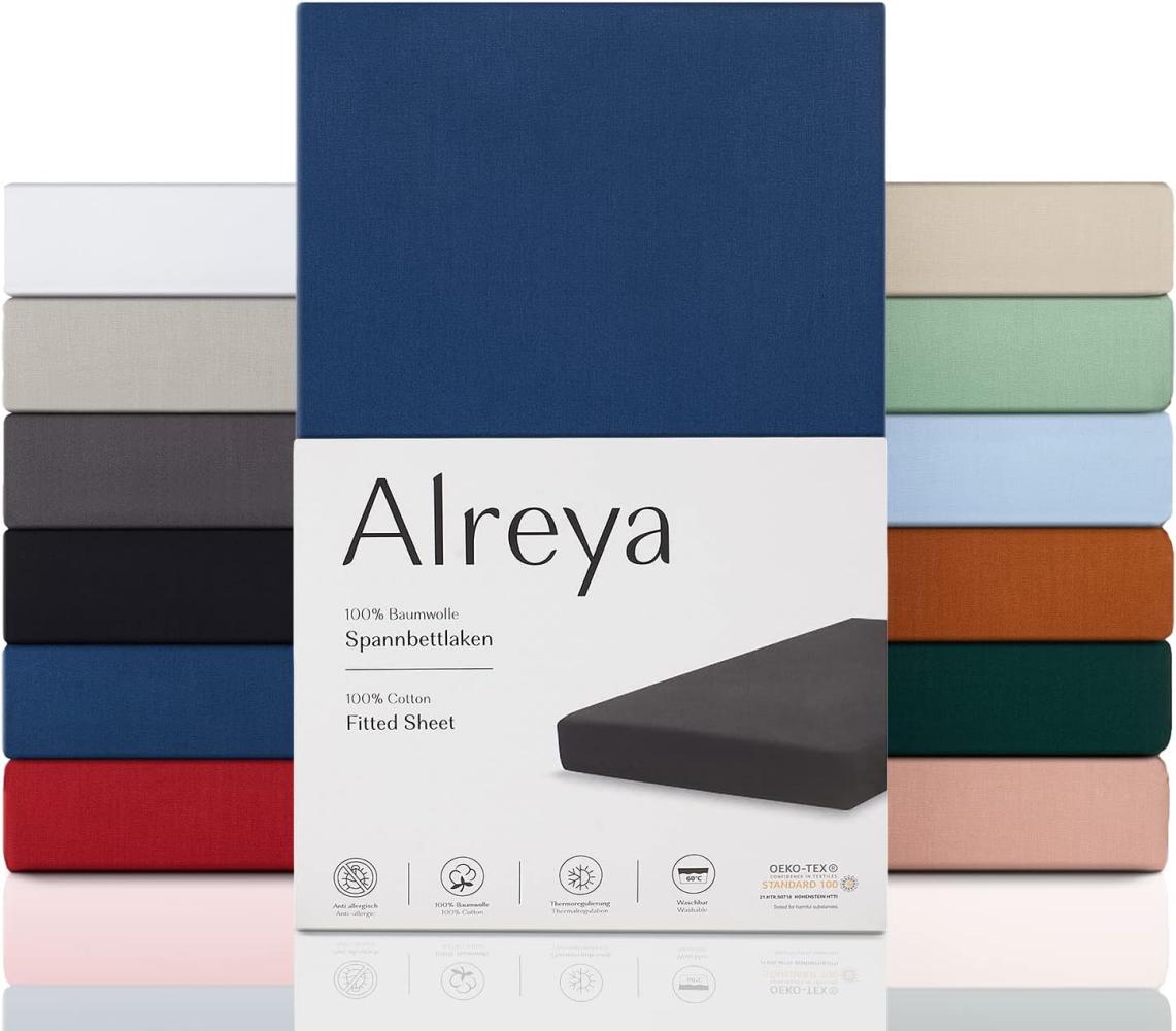 Alreya Renforcé Spannbettlaken 100 x 200 cm - Blau - 100% Baumwolle - Klassisches Spannbetttuch für Standardmatratzen bis 25cm Matratzenhöhe Bild 1