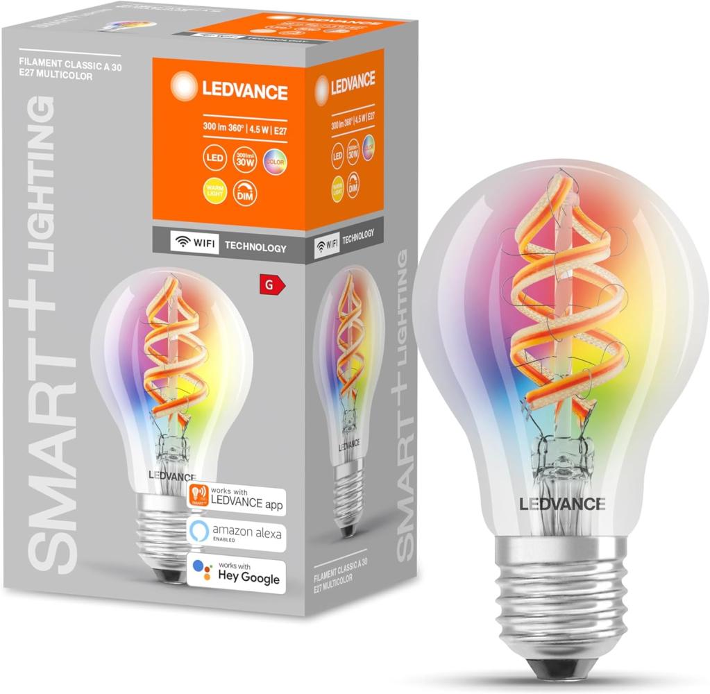 LEDVANCE Smarte LED-Lampe mit Wifi Technologie, E27, RGB-Farben änderbar, Birnenform, Farbiges Filament als Stimmungslicht, Ersatz für herkömmliche 60W-Glühbirnen, steuerbar mit Alexa, Google & App Bild 1