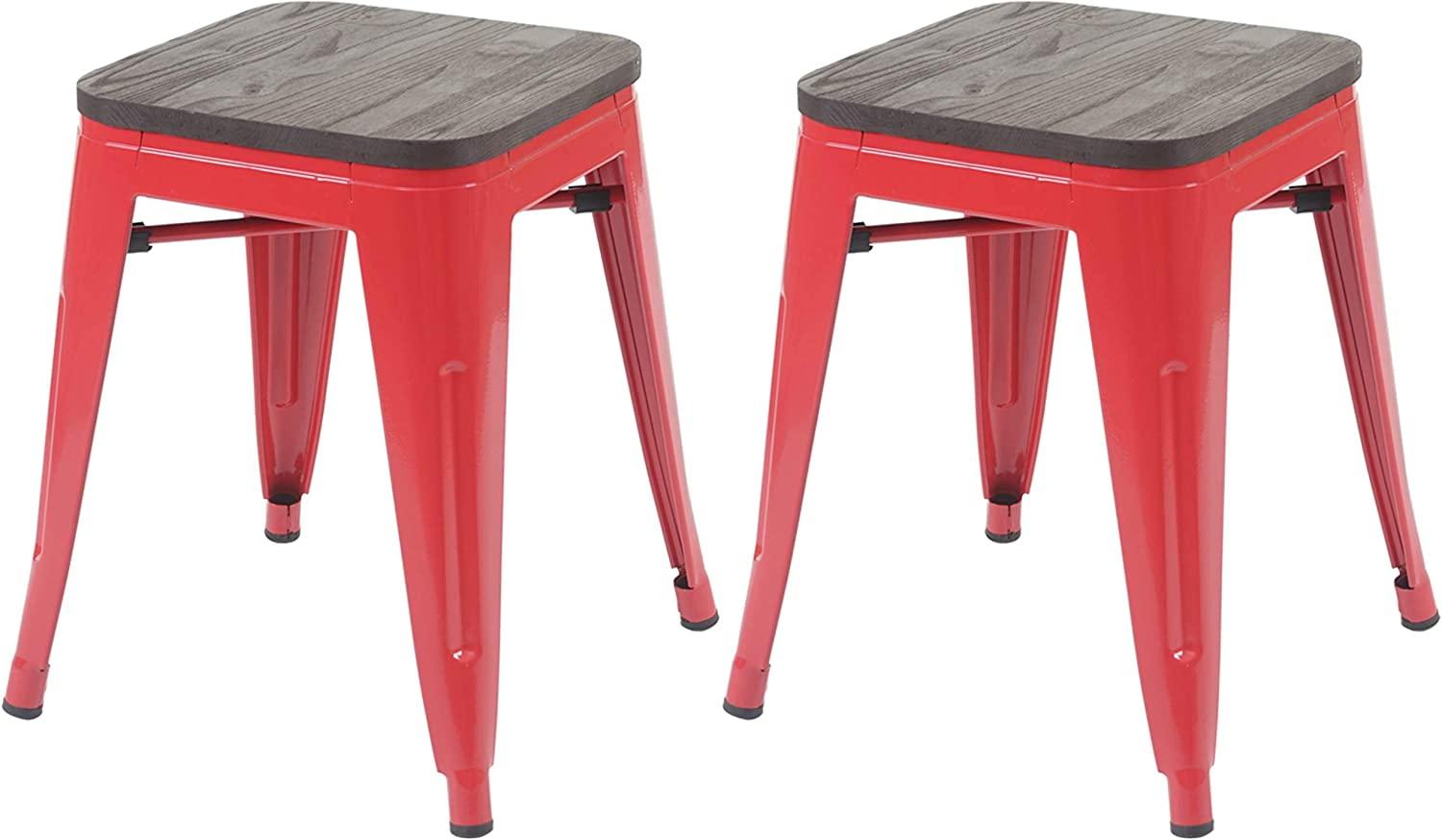 2er-Set Hocker HWC-A73 inkl. Holz-Sitzfläche, Metallhocker Sitzhocker, Metall Industriedesign stapelbar ~ rot Bild 1
