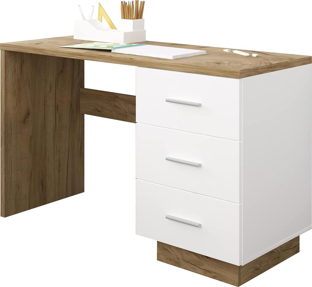 Domando Schreibtisch Molveno Modern für Büro Breite 121cm, drei großzügige Schubladen in Eiche Gold und Weiß Matt Bild 1