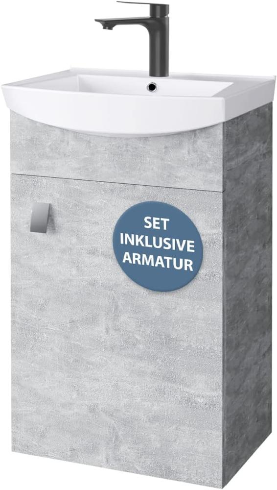 Planetmöbel Badmöbel Set aus Waschtisch mit Unterschrank 45cm in Beton, Waschbecken und Armatur in Schwarz, Zeitloses Badezimmerset Bild 1