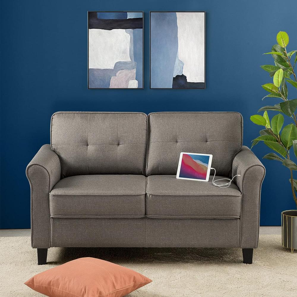 ZINUS Sayan Loveseat Sofa mit USB-Anschlüssen | Mid-Century | Einfache Montage ohne Werkzeug | Getuftete Kissen | Abgerundete Armlehnen | Sofa in einer Box | Sand Grey Bild 1
