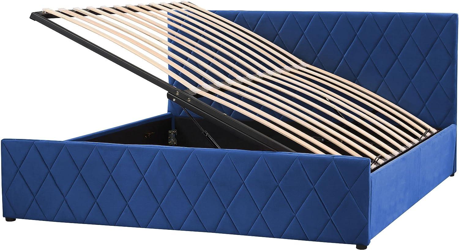 Bett Samtstoff marineblau Lattenrost Bettkasten hochklappbar 180 x 200 cm ROCHEFORT Bild 1