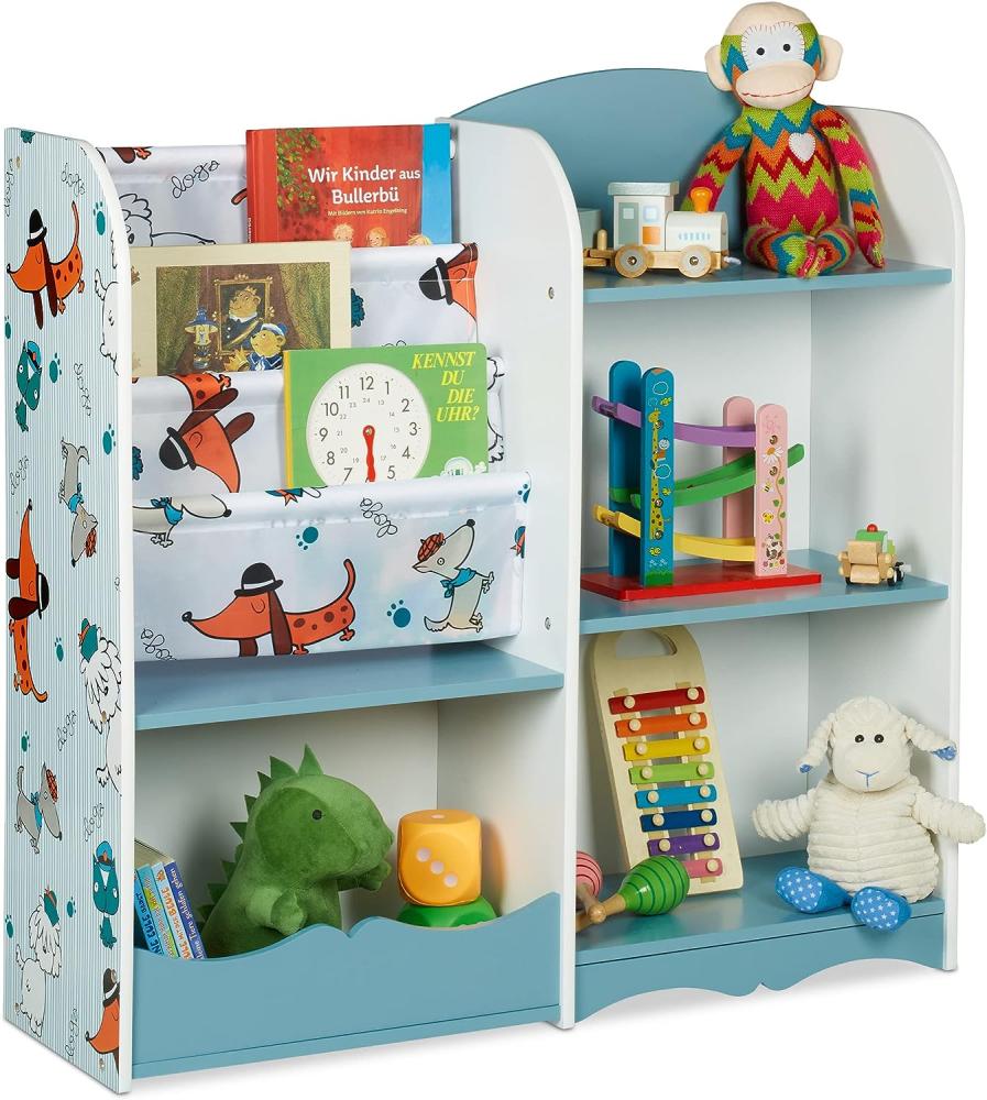 Relaxdays Kinderregal, 7 Fächer für Bücher & Spielzeug, Hundemotiv, HxBxT: 84 x 86 x 26 cm, Kinderzimmerregal, bunt Bild 1