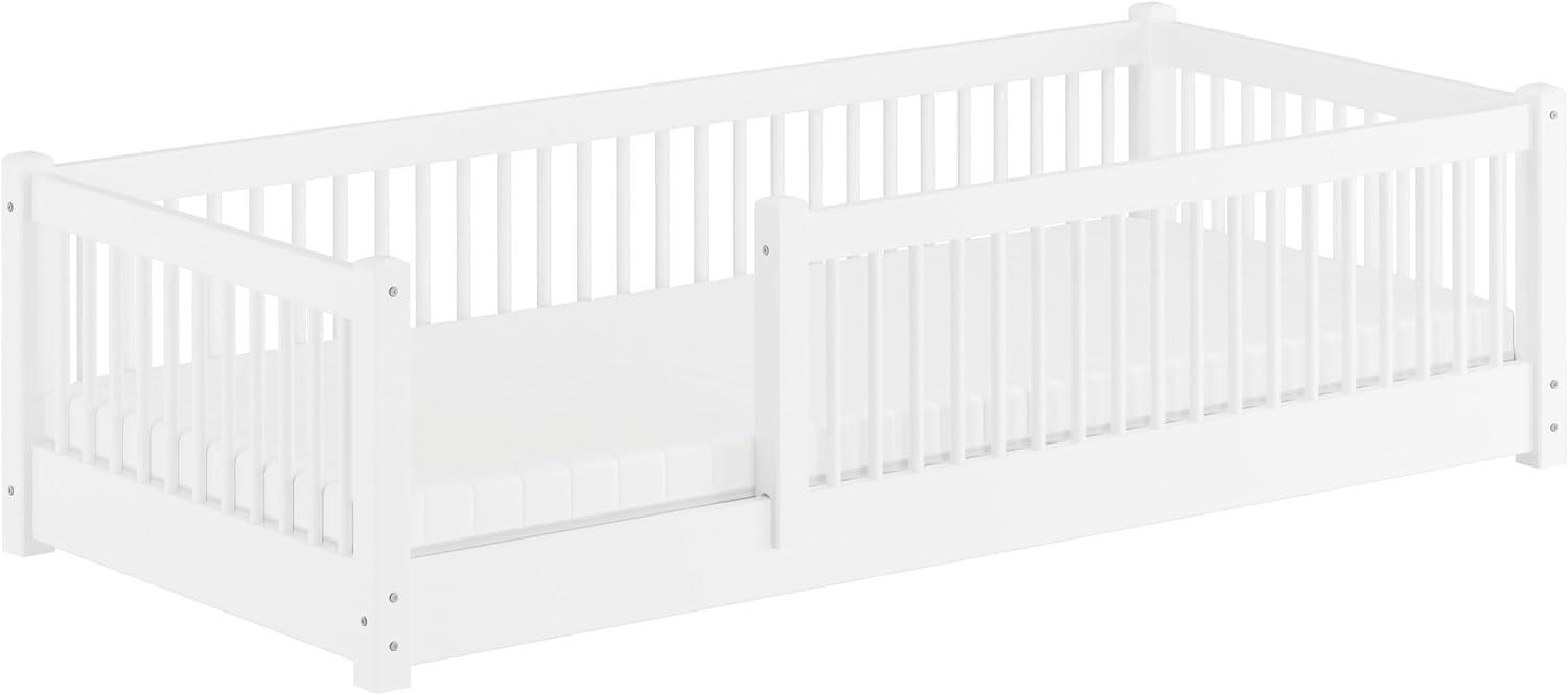 Kinderbett niedriges Bodenbett Kiefer weiß 90x200 Kleinkinder Laufstall ähnlich V-60. 65W-09Rollrost und Matratze inkl. Bild 1