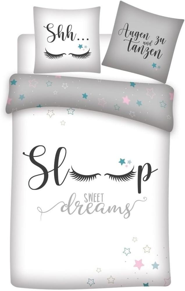 Bettwäsche für Teenager Mädchen 135x200 + 80x80 cm grau Motiv Sleep & Sweet Dreams aus 100% Baumwolle Bild 1