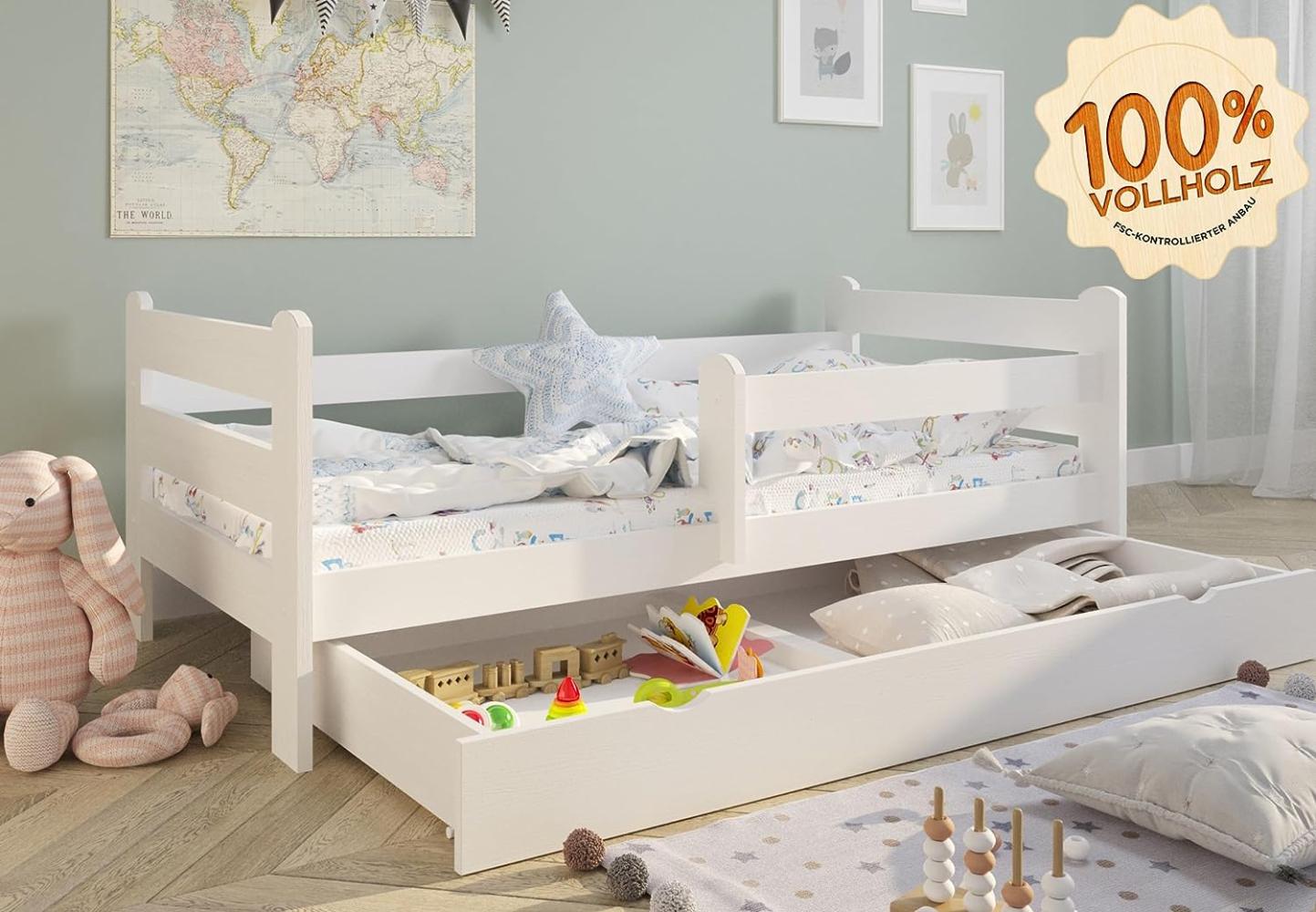 Kinderbett Voll-Holz 160x80 mit Rausfallschutz, Lattenrost & Schublade in weiß Kiefer 80 x 160 Mädchen Jungen Bett Skandi Bild 1