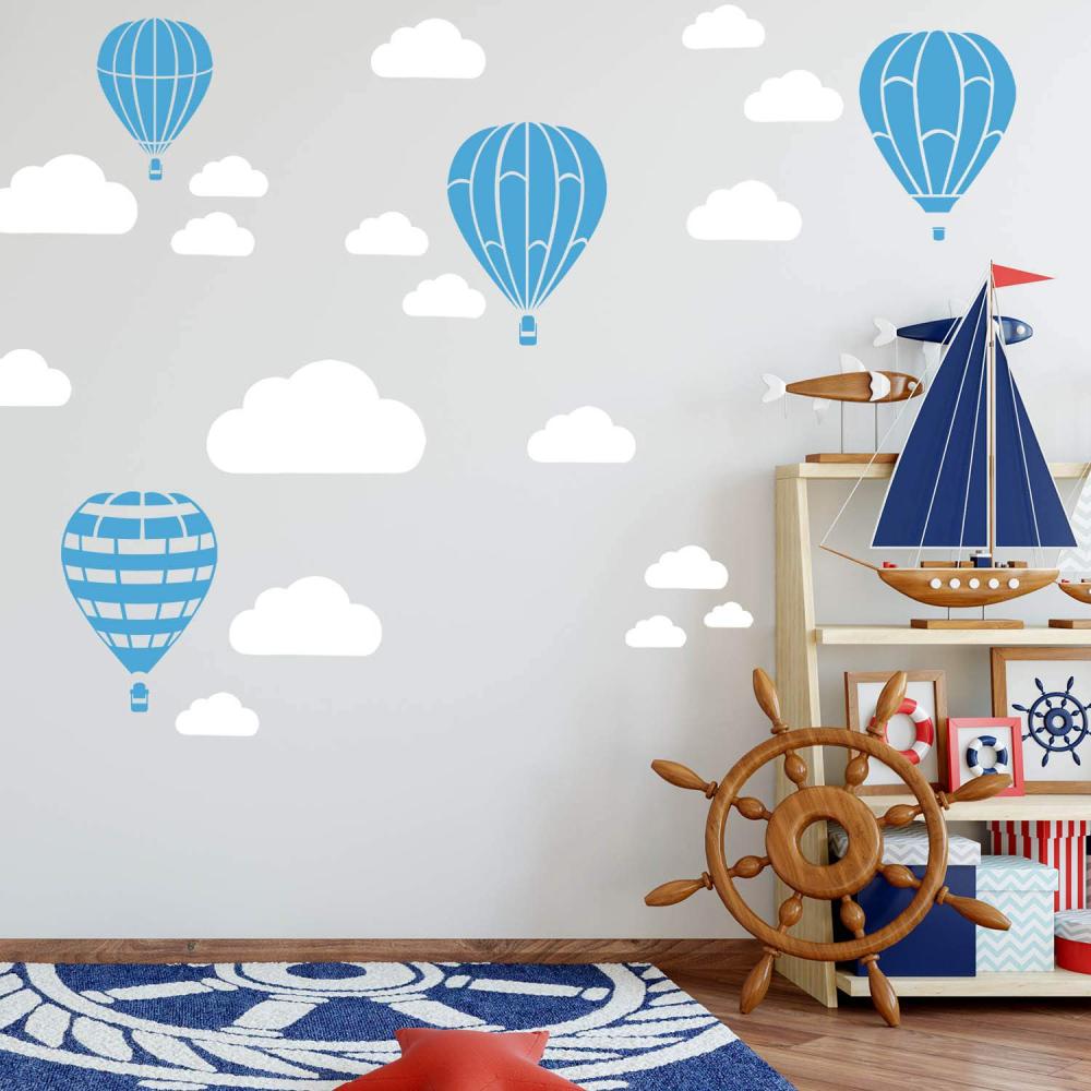 Heißluftballon & Wolken Aufkleber Wandtattoo Himmel | Wandbild 6x DIN A4 Bögen | Sticker Kinder Kinderzimmer Deko Ballons (Lichtblau) Bild 1