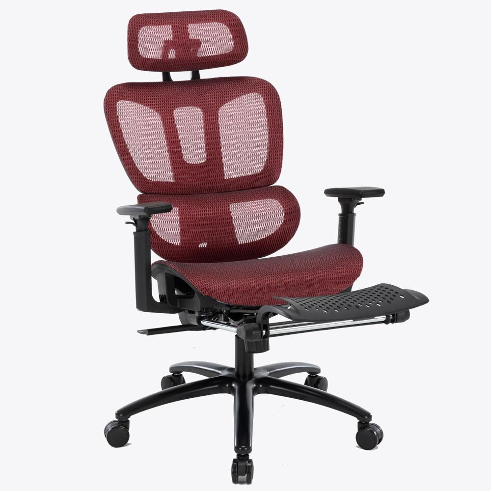 Bürostuhl in moderner Mesh-Optik mit Fußstütze ergonomischer Drehstuhl mit Nacken und Lordosenstütze - Gamingstuhl mit atmungsaktiver Netzrückenlehne und Wippfunktion Schwarz/Rot Bild 1