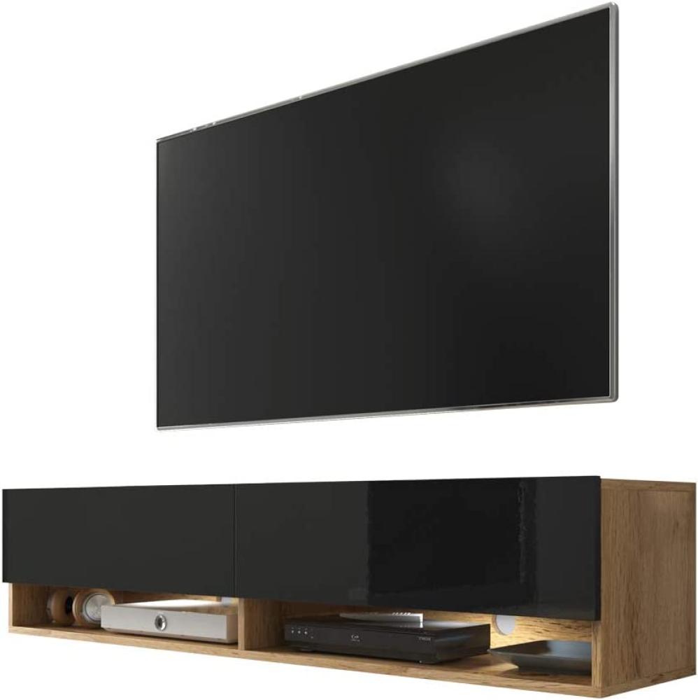 Selsey Wander - TV-Board/Fernsehschrank für Wohnzimmer hängend/stehend, optional mit LED, 140 cm (Holzoptik Wotan Eiche/Schwarz Hochglanz, mit LED) Bild 1