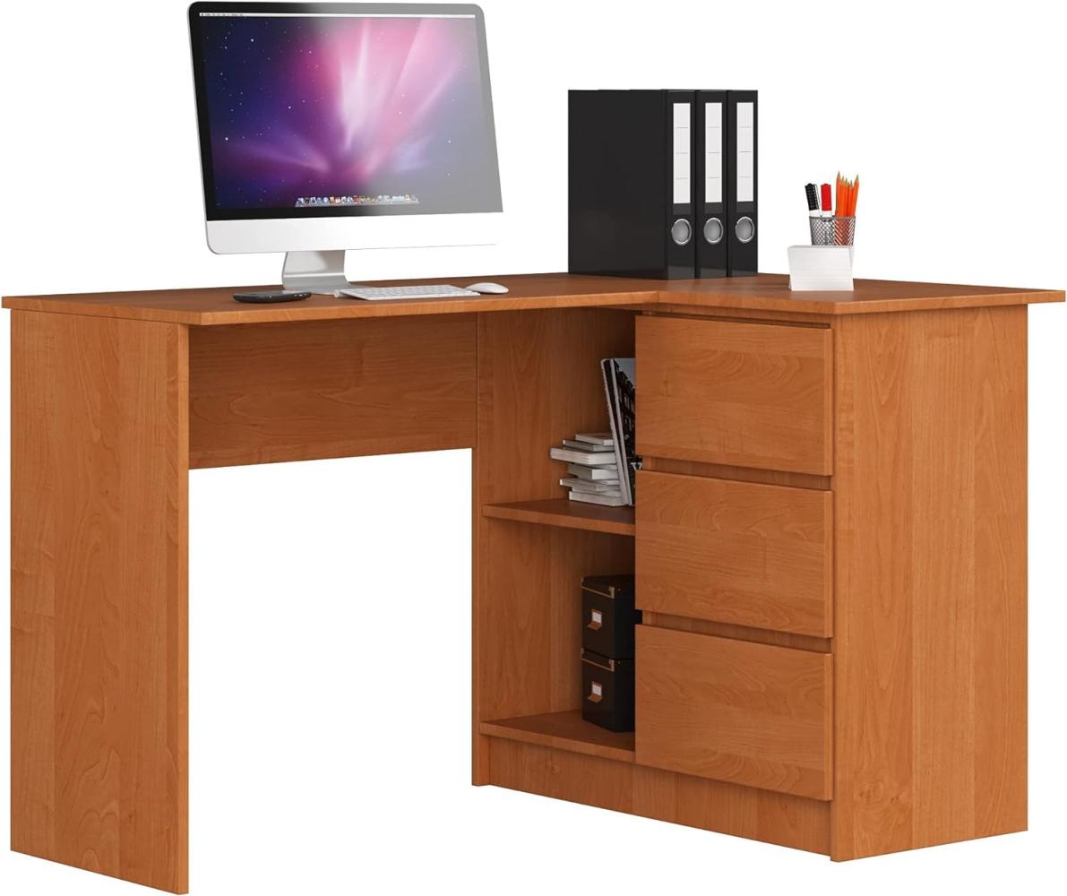 Eck-Schreibtisch B-16 mit 3 Schubladen und 2 Ablagen | Schreibtisch | ecktisch | Eck Schreibtisch für Home Office | Einfache Montage | B124 x H77 x T85, 48 kg Erle Bild 1