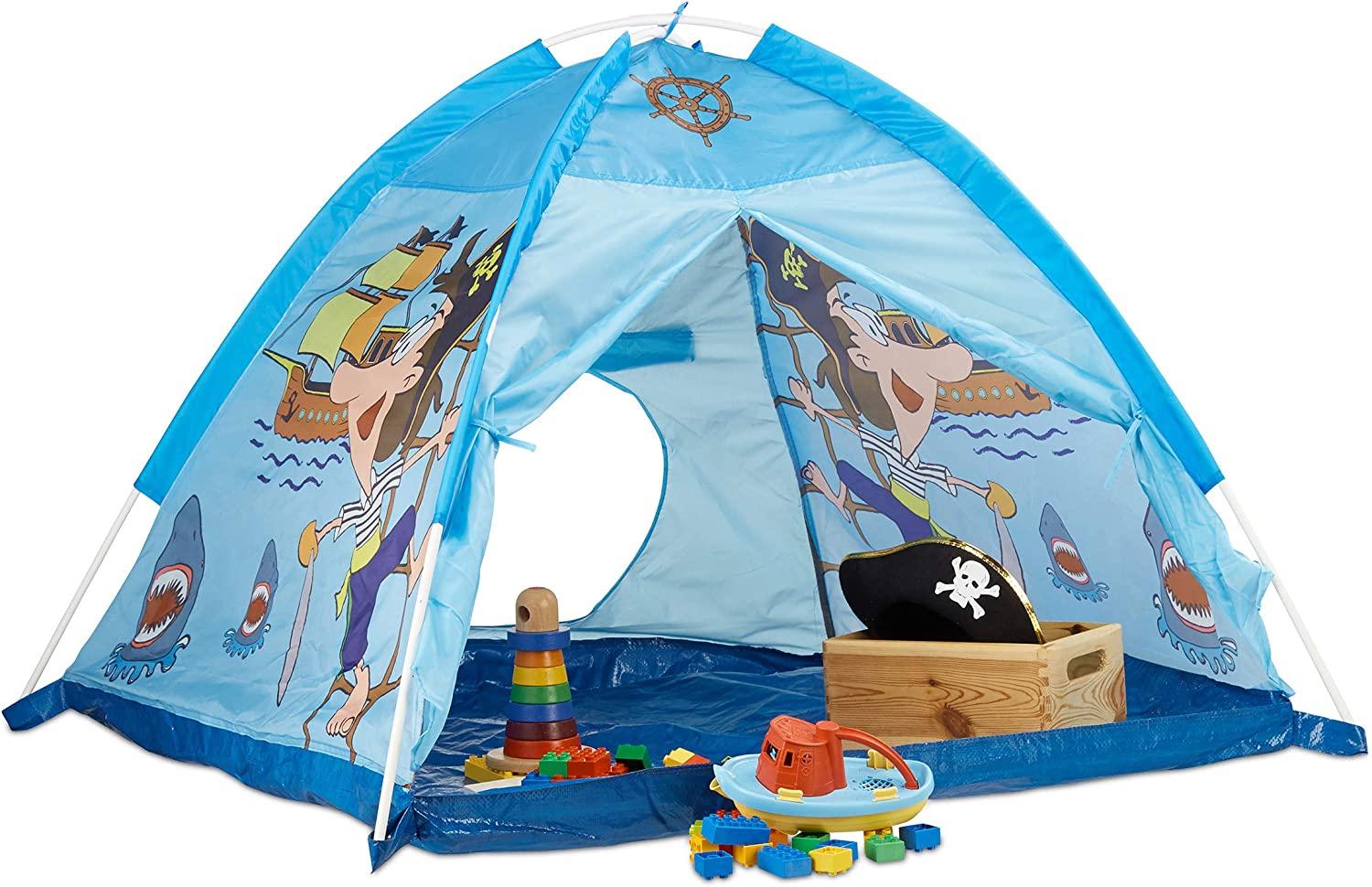 Relaxdays Spielzelt Pirat, Kinderzelt für Jungen ab 3 Jahre, Indoor und Outdoor Piratenzelt HxBxT 90x118x115 cm, blau Bild 1