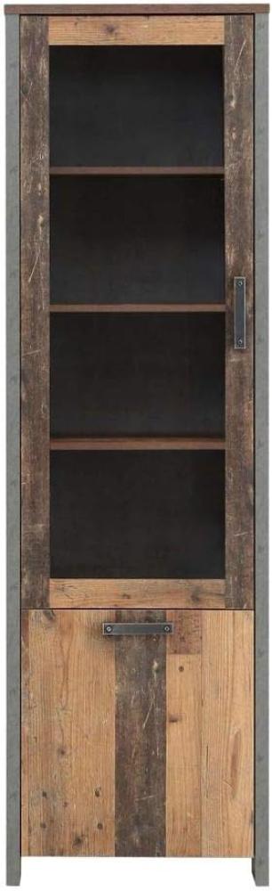 FORTE Clif Vitrine mit 1 Tür, 1 Glastür, Holzwerkstoff, Old – Wood Vintage/ Betonoptik Dunkelgrau, 62 x 204,7 x 41,6 cm Bild 1