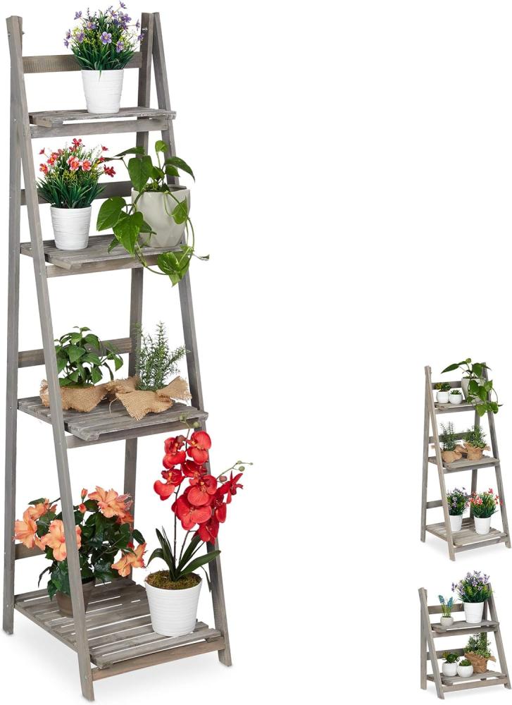 Relaxdays Blumentreppe, 4-stufig, Blumenleiter Holz, klappbar, Leiterregal für Pflanzen, HBT: 160 x 41 x 50 cm, grau Bild 1