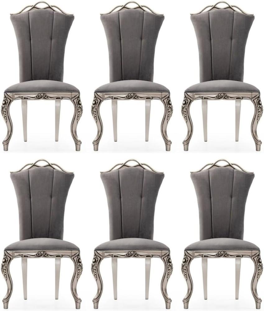 Casa Padrino Luxus Barock Esszimmer Stuhl 6er Set Grau / Silber - Prunkvolle Barockstil Küchen Stühle - Luxus Esszimmer Möbel im Barockstil - Barock Esszimmer Möbel - Barockstil Möbel Bild 1