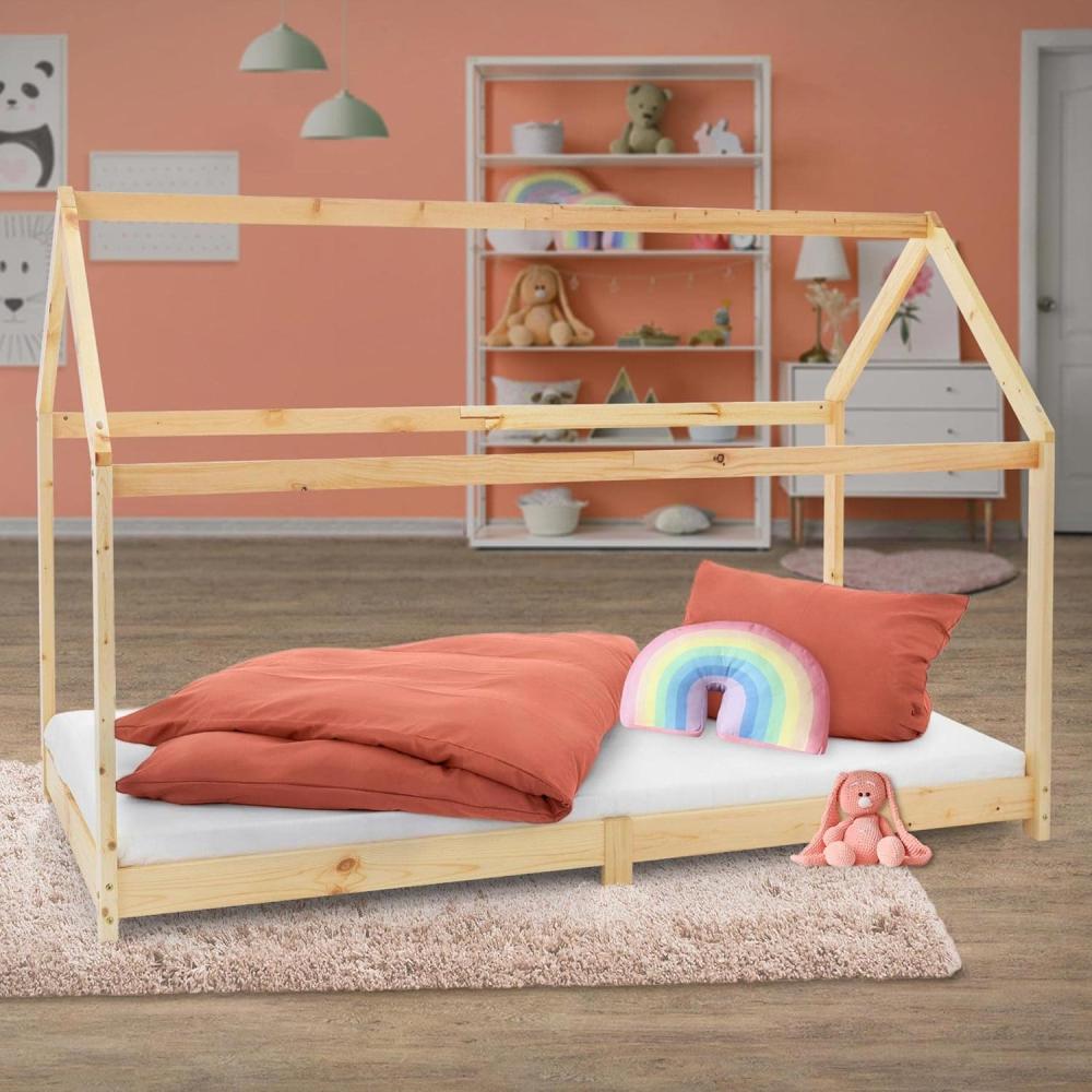Kinderbett mit Dach und Lattenrost 90x200 cm Natur aus Kiefernholz ML-Design Bild 1